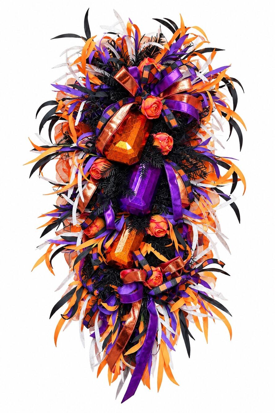 Large Handmade Halloween Swag Wreath Orange Purple Black Roses Door Decor